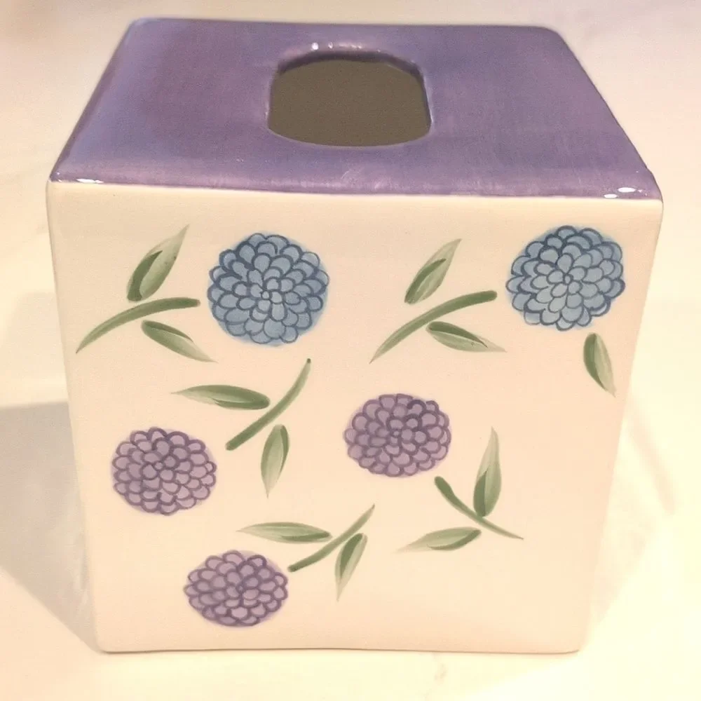Marimekko Hand Painted Ceramic Floral Square Tissue Box Cover Purple & Blue